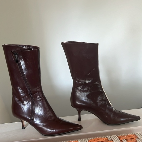 Jimmy Choo Sz 35 Brown Leather Kitten Heel Mid Leg Side Zip Boots - Picture 3 of 13
